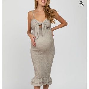 Pink Blush Blue Gingham Print Smocked Fitted Self-Tie Maternity Midi Dress